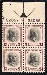 SCOTT 832 1938 $1 WOODROW WILSON ISSUE PLATE BLOCK OF 4 MNH OG VF CAT $32! - Picture 1 of 2