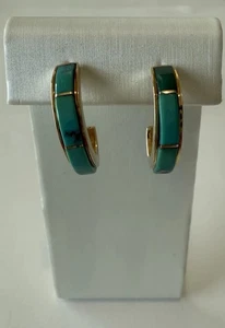 Tony Sanchez Handmade 14K Yellow Gold Turquoise Inlay Earrings – 1” - Picture 1 of 9