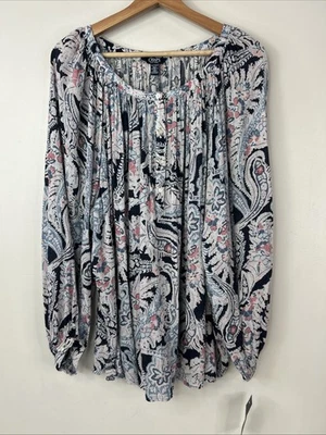 Blusa Top Chaps Para Mujer 2X Azul Rosa Paisley Manga Larga Fluido Popover Nueva con Etiquetas Foto 1 de 4