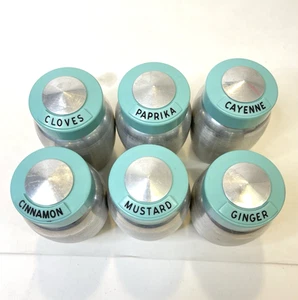 Vtg Kromex Aqua Turquoise Spice Jar Set of 6 Aluminum Canisters Rare Mid Century - Picture 1 of 14