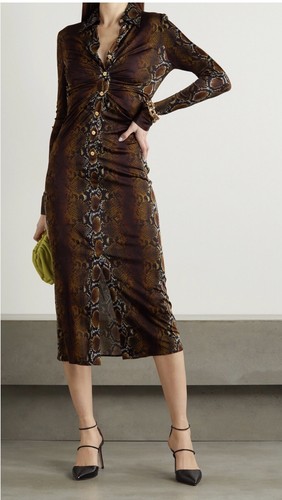 Versace Camicia Midi Increspata Stampa Serpente Elasticizzata Maglia Vestito Marrone Taglia 46 (10 US)