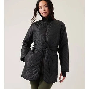 Athleta Mendocino Coat Black Quilted Puffer Jacket Belted Long Sleeve Sz L - Picture 1 of 11