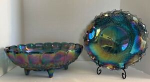  Indiana Harvest Grape Iridescent Blue Oval Fruit Bowl Carnival Glass & Tray