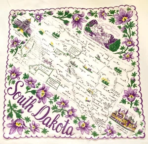 Vtg South Dakota State Souvenir Hankie Handkerchief Map Floral Hanky - Picture 1 of 2