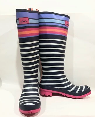 Botas de lluvia Joules Wellyprint altas de goma para mujer talla 8 azul marino a rayas rosa naranja Foto 1 de 4