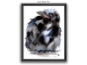 Personalised Crow Raven Baby Chick Painting Print "Good Night" by Ilona Winter - Picture 1 of 9