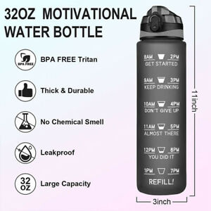 1L/32 oz Motivational Sports Water Bottle Reusable & BPA Free with Time Marker
