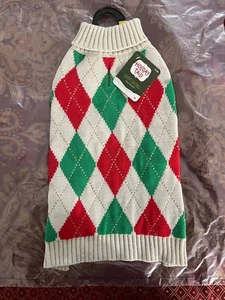 Holiday Tail Season Greetings Red & Green Argyle Sweater, Medium Size Brand New - Picture 1 of 4
