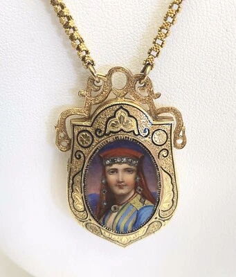 Fino 18k Oro Medallón En Cadena Diamante Esmalte Mano Pintura Colgante Aprox. - Imagen 1 de 4