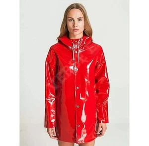 Women Red PVC Vinyl Shiny Patient Raincoat Hoodie Rain jacket Slicker Coat Parka - Picture 1 of 3