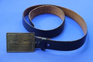 Vintage 1960's Era Black Leather Belt w/ Budweiser Beer Advertising Brass Buckle - Picture 1 of 16