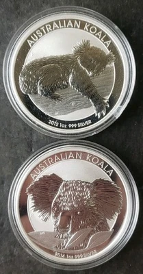 Koalas de plata 2012 P y 2014 P Australia $1 1 oz en cápsulas Foto 1 de 4
