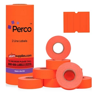 Perco 2 Line Fluorescent Red Labels - 8 Rolls, 1 Sleeve, 6,000 Blank Price an... - Picture 1 of 7