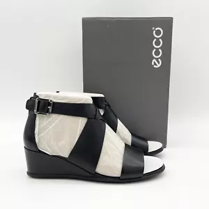 ECCO Wedge Sandal Women 9 9.5 EU 40 Black Leather Cross Strap Buckle Shape 35 - Picture 1 of 12