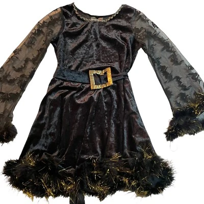 Adorable Disfraz de Bruja Niñas Talla L Negro Vestido de Terciopelo Transparente Mangas Largas Plumas Foto 1 de 4