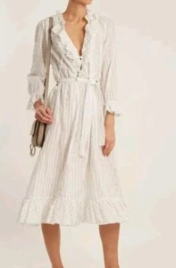 ZIMMERMANN Gr. 0 Nadelstreifen Corsair Midi weiß Rüsche Kleid Designer Boho - Bild 1 von 14