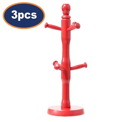 Mug Tree Wooden 6 Cups Stand Red Kitchen Holder Storage Rack Organiser 3Pcs - Image 1 of 4