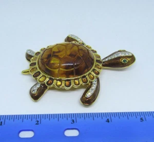 VINTAGE 1960er 70er MOD GROSSE BERNSTEIN SCHILDKRÖTE BROSCHE 3 3/4" LANG EMAILLE STRASSSTEINE - Bild 1 von 12