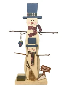 Wood Snowman And Child Figurine Painted Statue Holiday Home Décor 11” Tall - Picture 1 of 7
