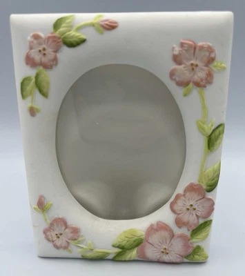 "Marco de fotos vintage 1985 Lefton blanco y rosa flor cerámica bisque 5x3,5""" Foto 1 de 4