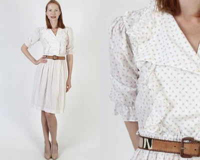 Vestido Floral Rosa Romántico Vintage Años 70 Blanco Pradera Cottagecore Boho Solero Foto 1 de 4