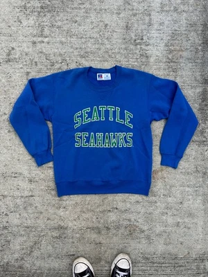 De colección Años 80 90 NFL Seattle Seahawks Russell Atlético Hombres Deportes Azul Cuello Redondo Foto 1 de 4