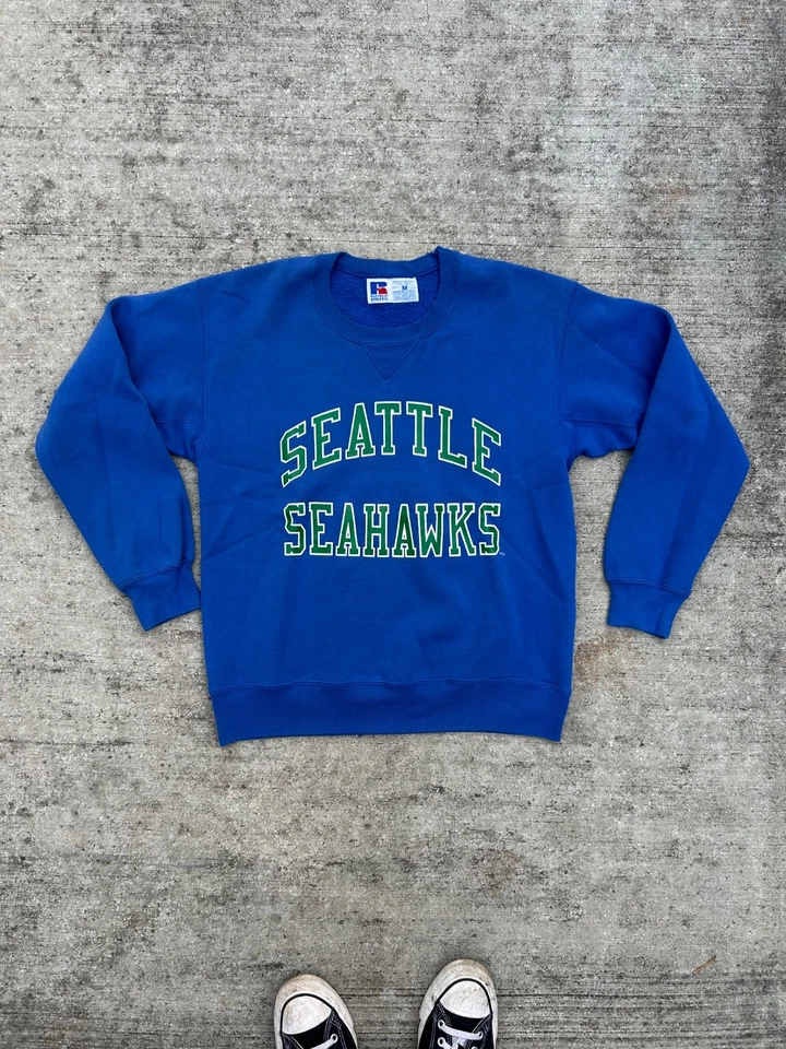 复古 80 年代 90 年代 NFL 西雅图海鹰队 Russell Athletic 男式运动蓝色圆领 — 第 1/4 张图片