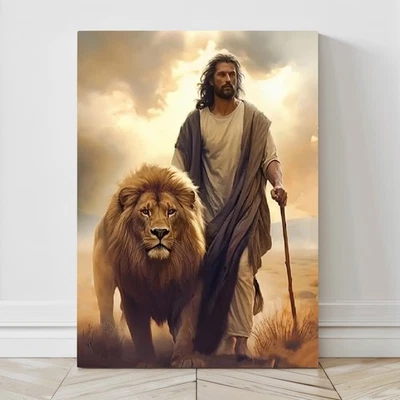 Arte de pared en lienzo de Jesús caminando con León de Judá, póster de Jesús, decoración cristiana Foto 1 de 4