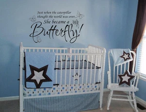 SHE BECAME A BUTTERFLY VINYL WALL DECAL GIRLS WALL LETTERING HOME DECOR STICKER - Picture 1 of 2