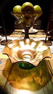Northwood green carnival glass footed bowl/dish Greek Key Design - Picture 1 of 7