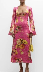 Adriana Iglesias Gisele Metallic Floral Plunging Long-Sleeve Midi Dress NWT - Picture 1 of 4