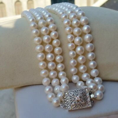 Classic 3 Strand Natural 6-7mm Round South Sea White Pearl Necklace 18" 19" 20" - Image 1 of 4