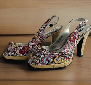 Heels Shoes Peep Toe Slingback Cork Paisley Fabric with Bow Size 8 Bongo Y2K - Picture 1 of 6