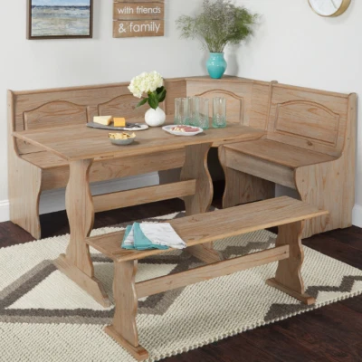 3 pc Brown Wood Top Breakfast Nook Dining Set Corner Booth Bench Kitchen Table - Image 1 of 4