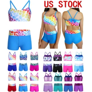 Girls Tankini Sets Crop Tops with Boyshorts for Sports/Dance/Gymnastics/Swim - Picture 1 of 72