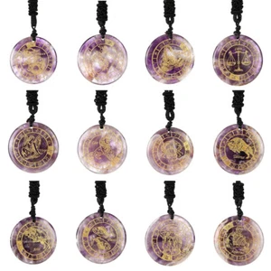 Natural 12 Constellation Zodiac Purple Amethyst Crystal Stone Necklace Pendant - Picture 1 of 19