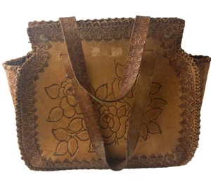 Vintage Leather Hand Made Tooled Floral Women's Boho Handbag 1970's - Picture 1 of 17