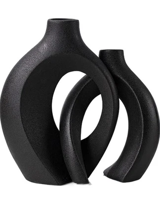 Juego de 2 jarrones de cerámica huecos negros Levvohd, jarrón moderno redondo Boho Donut Foto 1 de 4
