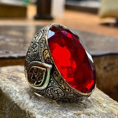 Man Handmade Large Ruby Ottoman Style Red Stone Ring - Image 1 of 4