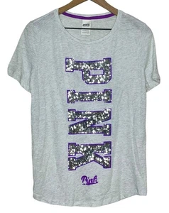 NUEVO CON ETIQUETAS VS Rosa Lentejuelas Bling Plata Manga Corta Camiseta Gris Jaspeado Talla Mediana - Imagen 1 de 4