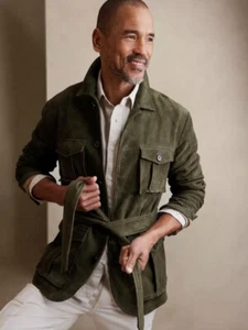 Suede Men's Safari Jacket Green with Belt Casual Sports British Hunting Jacket - Picture 1 of 6