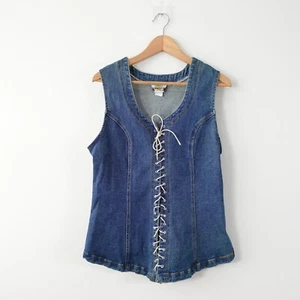 VINTAGE Denim Vest Lace Up Top M Blue Western Steampunk Pirate Jeans Y2K USA - Picture 1 of 11