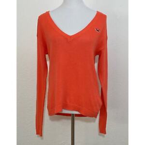 Hollister Size Small Women Orange V-Neck Sweater Long Sleeve Logo Hi-Low