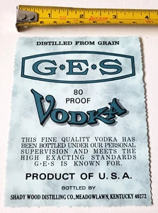 Vintage GES 80 proof VODKA NOS Shady Wood Distilling Meadowlawn Kentucky Label - Picture 1 of 3