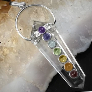 Double Terminated Quartz Crystal Pendant 7 Chakra Gemstone Necklace Reiki Healin - Picture 1 of 9