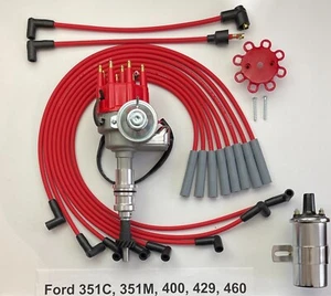 FORD 351C/M 400 429 460 RED Small HEI Distributor + 45K Coil + SPARK PLUG WIRES - Picture 1 of 5