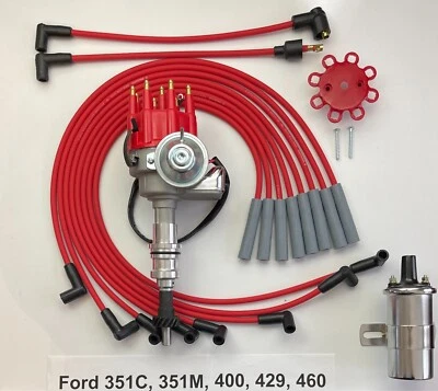 FORD 351C/M 400 429 460 RED Small HEI Distributor + 45K Coil + SPARK PLUG WIRES - Image 1 of 4