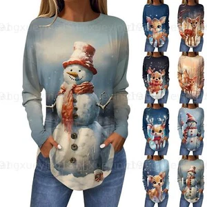 Ladies Gift Xmas Christmas Women Long Sleeve T Shirt Party Blouse Pullover Tops - Picture 1 of 36