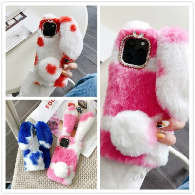 Женщин/девочек милый кролик плюшевый кроличий мех блестящий через плечо мягкий чехол для телефона - Изображение 1 из 4