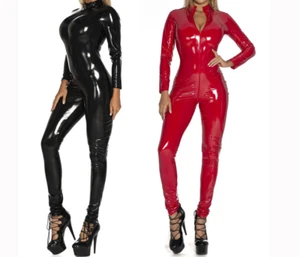 Mono ceñido al cuerpo para mujer PVC cuero aspecto húmedo manga larga cremallera traje de gato body - Imagen 1 de 13